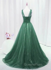 Green Tulle V Neck Beading Appliques Evening Prom Dress