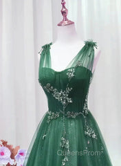 Green Tulle V Neck Beading Appliques Evening Prom Dress