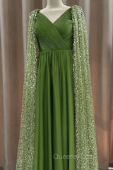 Green Tulle V-Neck Dress With Beaded Cape
