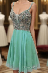 Green V Neck Sequin Beads Short Homecoming Dress
