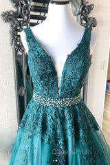 Green v neck tulle lace long Evening Prom Dress, green formal Dress