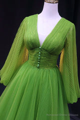 Green V-Neck Tulle Long Prom Dress, Long Sleeve Green Formal Evening Dress