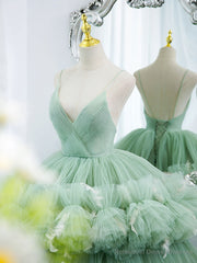 Green V Neck Tulle Long Prom Dresses, Ball Gown Green Sweet 16 Dresses