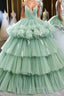 Green v neck tulle long Evening Prom gown, green tulle sweet 16 Dress