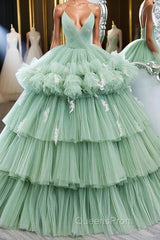 Green v neck tulle long Evening Prom gown, green tulle sweet 16 Dress