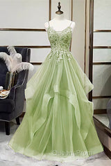 Green V-Neckline Tulle With Lace Applique Evening Prom Dress, Green Layers Tulle Party Dress
