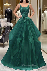Green V-Neckline Tulle With Lace Applique Evening Prom Dress, Green Layers Tulle Party Dress