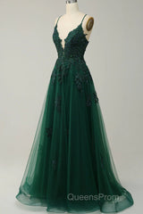 Green V-Neckline Tulle With Lace Cross Back, Green Tulle Evening Prom Dress