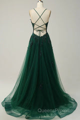 Green V-Neckline Tulle With Lace Cross Back, Green Tulle Evening Prom Dress