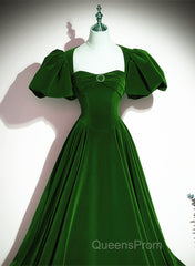 Green Velvet Backless Long Party Dress, Green Short Sleeves Formal Dress Evening Prom Dress
