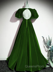 Green Velvet Backless Long Party Dress, Green Short Sleeves Formal Dress Evening Prom Dress