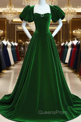 Green Velvet Backless Long Party Dress, Green Short Sleeves Formal Dress Evening Prom Dress