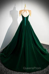 Green Velvet Beaded Long Evening Prom Dress, A-Line Beautiful Evening Party Dress