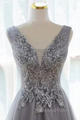 Grey A-Line Tulle With Lace Long Formal Dress V-Neckline Evening Prom Dress Sleeveless December Wedding Guest Dress