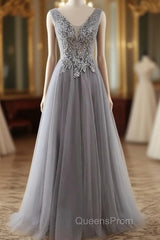 Grey A-Line Tulle With Lace Long Formal Dress V-Neckline Evening Prom Dress Sleeveless December Wedding Guest Dress