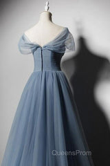 Grey-Blue Tulle Off Shoulder Beaded Long Evening Prom Dress Party Dress, Long Evening Gowns