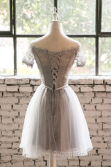 Grey Lace Tulle Short Sleeves Homecoming Dress Party Dress, Light Grey Formal Dress