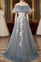 Grey Off Shoulder Straps Tulle With Lace Long Party Dress, Grey Formal Dress