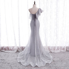 Grey One Shoulder Lace-up Shiny Long Prom Dress Party Dress, Grey Long Evening Dresses