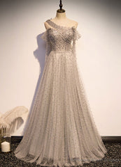Grey One Shoulder Pearls Tulle Long Evening Dress, Light Grey Party Dress Formal Dress