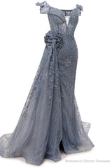 Grey Prom Dresses Mermaid Beading Tulle Off the Shoulder Women Evening Dresses