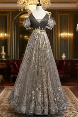 Grey Purple V-Neckline Tulle With Lace Evening Prom Dress, Off Shoulder A-Line Party Dress