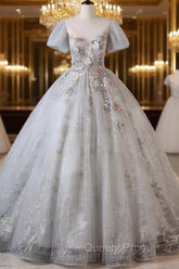 Grey Short Sleeves Tulle Ball Gown Evening Prom Dress, Grey Ball Gown Sweet 16 Dress