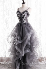 Grey Tulle Sweetheart Long Party Dress With Lace Applique, Grey Long Evening Prom Dress