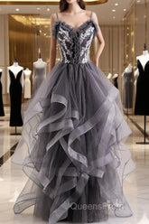 Grey Tulle Sweetheart Long Party Dress With Lace Applique, Grey Long Evening Prom Dress
