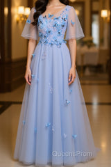 Half Sleeves Round Neck Blue Floral Long Evening Prom Dress, Blue Long Formal Evening Dress with Flower