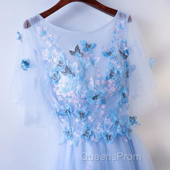 Half Sleeves Round Neck Blue Floral Long Evening Prom Dress, Blue Long Formal Evening Dress with Flower