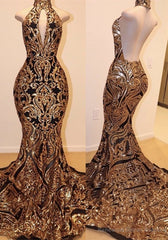 Halter Keyhole Neckline Sequins Appliques Mermaid Prom Dresses