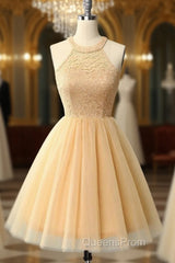 Halter Lace Champagne Homecoming Dress
