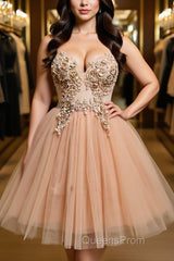 Halter Neck Backless Champagne 3D Floral Short Evening Prom Dress, Backless Champagne Formal Graduation Homecoming Dress