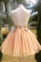 Halter Neck Backless Champagne 3D Floral Short Evening Prom Dress, Backless Champagne Formal Graduation Homecoming Dress