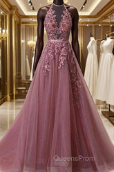 Halter Neck Backless Lace Evening Prom Dress, Open Back Halter Neck Lace Formal Evening Dress