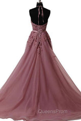 Halter Neck Backless Lace Evening Prom Dress, Open Back Halter Neck Lace Formal Evening Dress