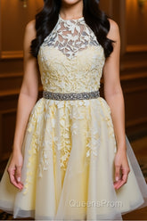 Halter Neck Backless Short Yellow Lace Evening Prom Dress, Yellow Lace Formal Graduation Homecoming Dress