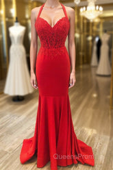 Halter Neck Mermaid Backless Red Lace Long Evening Prom Dress, Mermaid Red Formal Dress, Red Lace Evening Dress