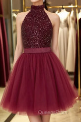 Halter Neck Open Back Beaded Burgundy Evening Prom Dress, Backless Burgundy Homecoming Dress, Short Burgundy Formal Evening Dress