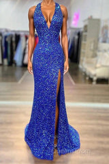 Halter Neck Royal Blue Long Evening Prom Dress, Shiny Royal Blue Long Formal Evening Dress