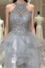 Halter Neck Short Gray Lace Evening Prom Dress, Short Gray Lace Formal Graduation Dress