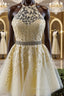 Halter Neck Short Yellow Lace Evening Prom Dressses, Backless Short Yellow Lace Formal Homecoming Dress