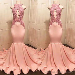 Halter Pink Lace Prom Party Gowns| Mermaid Formal Dresses