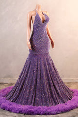 Halter Purple Prom Dresses Sequin Long Evening Dresses with Fringe