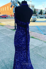 Halter Royal Blue Sequin Evening Dress Uk Long Evening Prom Dress