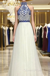 Halter Scoop Neck Tulle Floor-Length Evening Prom Dress