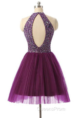 Halter Sleeveless Short Purple Homecoming Dress Evening Prom Dress