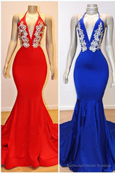 Halter V-neck Appliques Mermaid Long Eveing Gowns