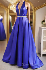 Halter V Neck Backless Blue Long Evening Prom Dress with Belt, Backless Blue Formal Evening Dress